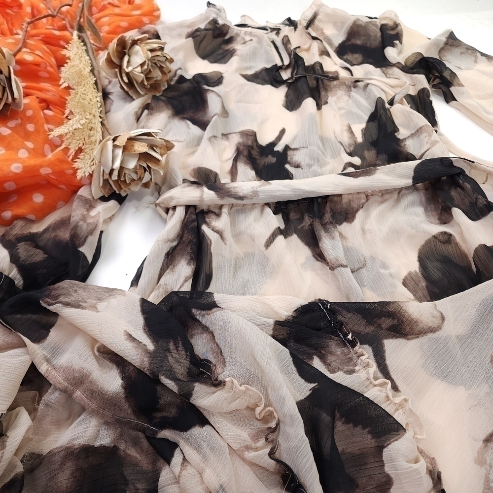 New Simply Vera Wang Beige Brown Black Floral Sheer Maxi High Lo Ruffle Dress Xs - Picture 7 of 14